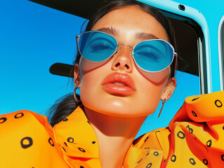 Wall Mural - A dynamic portrait of a woman posing confidently in blue retro sunglasses against a bright orange truck backdrop. A bold fusion of fashion and color.