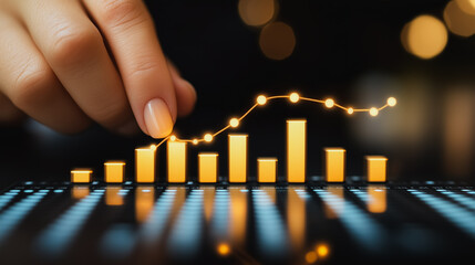 Poster - Hand is pointing at a graph with a downward trend. The graph is on a tablet or computer screen