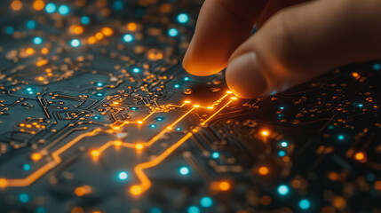 Fototapete - Hand is touching a circuit board with a bright orange line. Concept of curiosity and exploration, as the hand is reaching out to touch the electronic components
