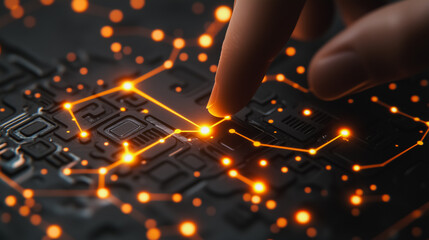 Poster - Hand is pointing at a circuit board with a lot of glowing lines. Concept of technology and innovation, as well as the importance of understanding and utilizing electronic components