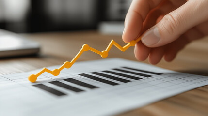 Poster - Hand is holding a yellow stick on a graph paper. The graph shows a line that is rising, which could represent an increase in something. Concept of progress or growth, as the line is moving upwards