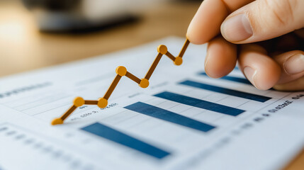 Poster - Hand is holding a piece of paper with a graph on it. The graph shows a line that is rising, which could represent an increase in something, such as sales or profits
