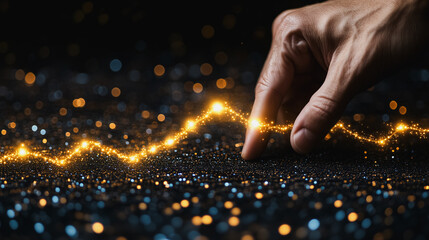 Poster - Hand is reaching out to touch a glowing line on a black background. Concept of curiosity and wonder as the hand reaches out to explore the glowing line. The contrast between the dark background