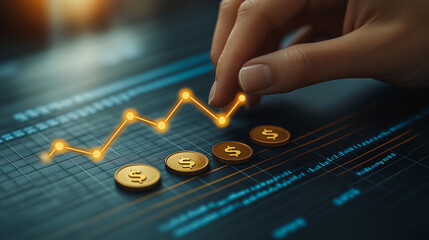 Poster - Hand is reaching for a series of coins on a graph. The coins are labeled with the amount of money they represent. The graph shows a line that is rising