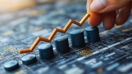 Poster - Hand is holding a stack of blue and orange cubes that form a line. The cubes are arranged in a way that suggests a graph or chart. Concept of importance and significance
