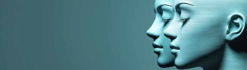 Poster - Professional 3D design with interconnected elem..., Three stylized mannequin heads in profile, showcasing a serene expression against a soft, muted background.