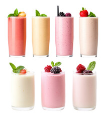 Set of strawberry, mango, raspberry and blueberry smoothie in glass with fresh fruit garnish, isolated on white background. Concept of refreshing summer drink