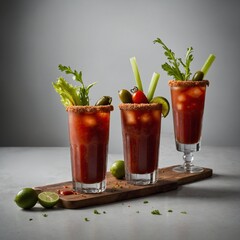 Dual Flavor Option Two Bloody Marys side by side, one traditional and one spicy, set on a white table.