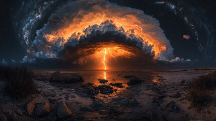 Wall Mural - Fiery lightning storm over tranquil shoreline.