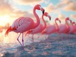 © Thares2020 - Flock of Flamingos Gathered Near Shrinking Waterhole in Dry Landscape at Sunrise or Sunset