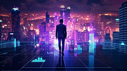Aufkleber - Futuristic Man in Suit Overlooking Urban City Skyline at Night, Illuminated by Digital Lights and Vibrant Technology, Evoking Innovation and Ambition.