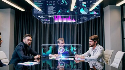 Leinwandbilder - Business team collaborates in modern office with advanced analytics display