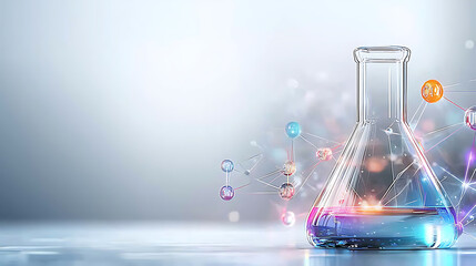 Poster - Scientific experiment with colorful chemicals in laboratory abstract visualization modern environment close-up perspective