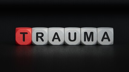Aufkleber - wooden cube block with trauma business word.close up of wooden elements,business concept.3d renderin