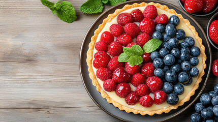 Wall Mural - Delicious tart topped with fresh raspberries and blueberries, garnished with mint