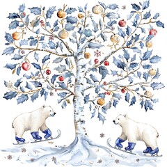 Two Polar Bears Ice Skating Underneath a Festive Winter Tree Decorated with Holly and Ornaments.