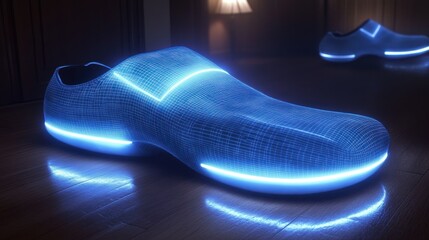 Poster - Futuristic glowing shoes on a wooden floor.