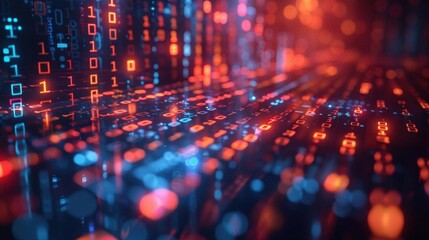Abstract Digital Background with Binary Code and Red and Blue Lights