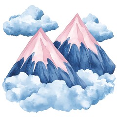 Wall Mural - Watercolor illustration of two pastel pink and blue mountains floating on clouds, perfect for design projects.