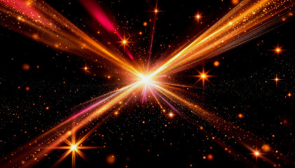 Poster - On a black background with glittering particles, radiant beams of pink, gold, and orange light intersect