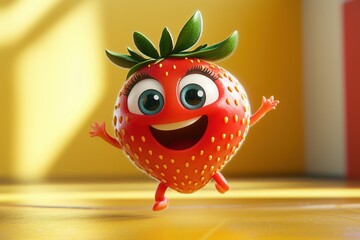 Wall Mural - Happy Strawberry Character Joyful 3D Render Yellow Background