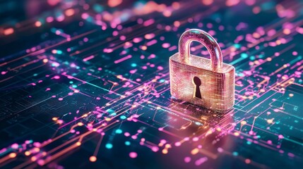 Poster - A glowing padlock on a digital circuit background symbolizes cybersecurity and data protection in a vibrant, futuristic setting.