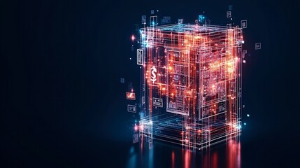 Poster - Digital abstract representation of a glowing cube, showcasing interconnected lines and vibrant colors against a dark background.