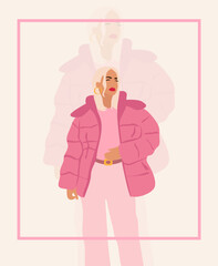 Wall Mural - Illustration of blonde winter girl on pink background.