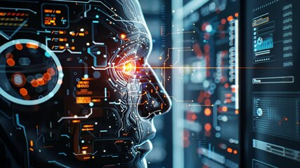Poster - Futuristic Robotic Face with Glowing Eyes Fusion of Artificial Intelligence, Digital Data, and Cybernetic Technology Driving Innovation in Electronics.
