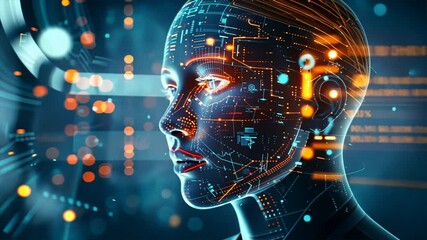Poster - Futuristic digital face with glowing circuits and data patterns, showcasing artificial intelligence and technology, blending human features with vibrant innovation and creativity.