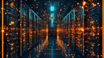 Poster - Futuristic data center illuminated with glowing particles, showcasing a high-tech environment filled with servers and digital energy.