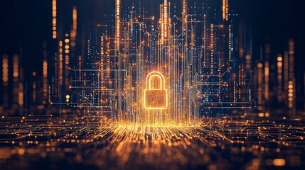 Poster - Digital lock icon surrounded by glowing data streams, representing cybersecurity and digital protection.