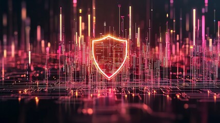 Poster - Digital shield symbolizing cybersecurity with vibrant pink and orange data streams, representing protection and technology.