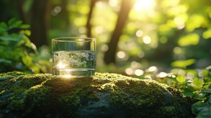 Wall Mural - Glass of water on mossy rock in forest. (1)