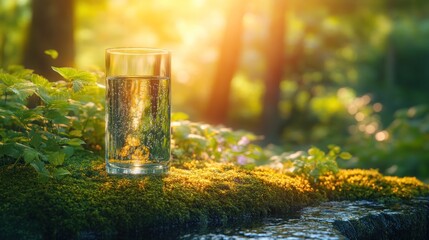 Wall Mural - Glass of water on mossy rocks in a forest at sunrise.