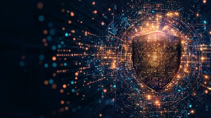Poster - Digital shield with binary data streams, representing cybersecurity and data protection in a futuristic setting.