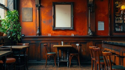 Wall Mural - A blank picture frame hanging on the old textured wooden wall in a cosy old english or irish pub