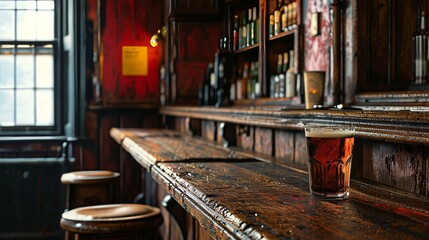 Wall Mural - glass of lager beer stands at the bar in an old english or irish pub