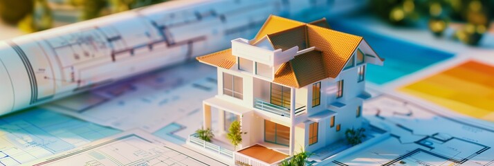 Poster - 3d rendering project of new building model house on blueprint plan