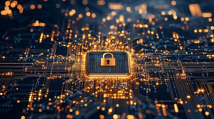 Poster - Digital lock symbol over a circuit board background, representing cybersecurity and data protection with glowing connections.