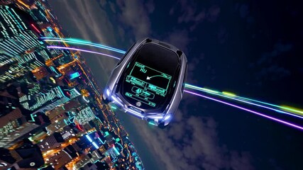 Aufkleber - Flying car glides above a vibrant city at night showcasing advanced technology and urban innovation