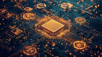 Poster - A close-up view of a glowing microchip surrounded by intricate circuitry, representing advanced technology and digital innovation.