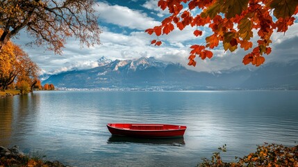 Wall Mural - A serene view of lake geneva with a solitary red boat floating peacefully the majestic alps rise in the background under a cloudy sky, framed by vibrant foliage.