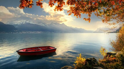 Wall Mural - A serene view of lake geneva with a solitary red boat floating peacefully the majestic alps rise in the background under a cloudy sky, framed by vibrant foliage.