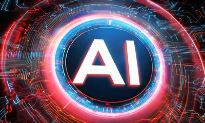 Poster - Logo with the Word AI in White, Surrounded by Circuit Patterns and Glowing Lines on a Dark Background