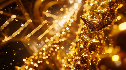 Golden celebration background with glowing light trails and sparkling effects capturing a festive mood 