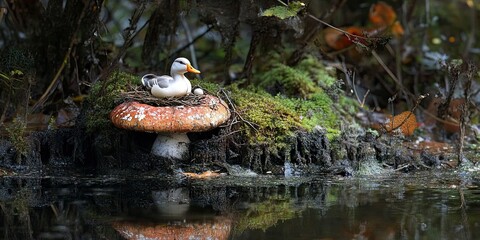 Wall Mural - duck toadstool, in the water nest with eggs.