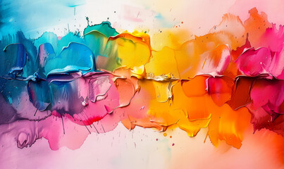 Poster - Vibrant Abstract Multicolored Painting Texture Banner for Stylish Design, Creative Art with Blue, Yellow, Pink, Red, and Orange Hues, Perfect for Modern Interiors and Artistic Projects