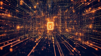 Poster - Digital abstract representing cybersecurity with glowing lines and a central lock symbol, conveying protection and data security themes.