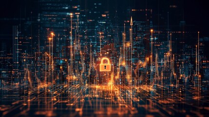 Poster - Digital cityscape with glowing lock icon, symbolizing cybersecurity and data protection in a technological environment.